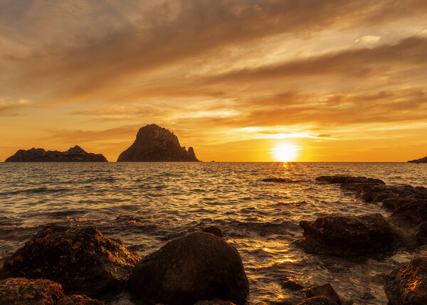 A sunset with the golden sky in Es Vedra, Ibiza Picture Board by Vicen Photo