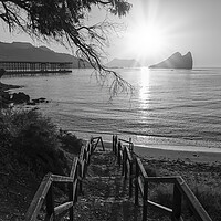 Buy canvas prints of Access stairs to Aguilas beach at sunrise in black and white by Vicen Photo