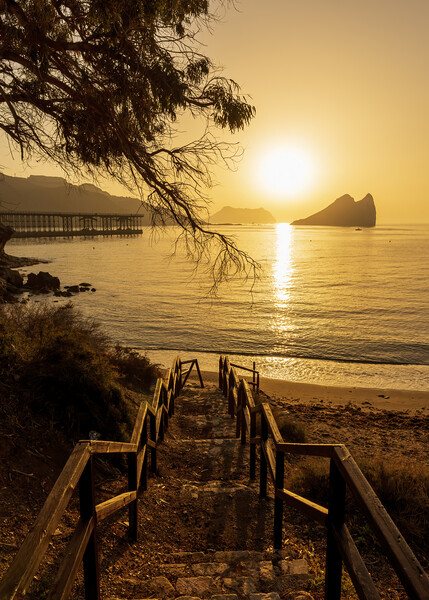 Access stairs to Aguilas beach in a golden sunrise Picture Board by Vicen Photo