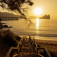 Buy canvas prints of Access stairs to Aguilas beach in a golden sunrise by Vicen Photo