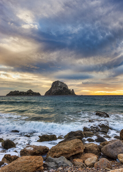 Photography with a multicolored sky at sunset with Es Vedra on the horizon Picture Board by Vicen Photo