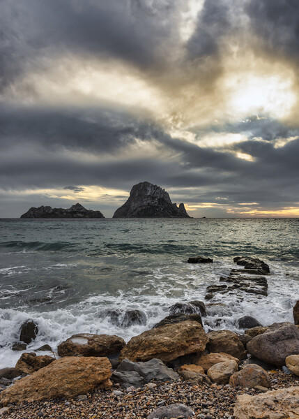 Sunset photography from Cala D´hort with Es Vedra under a cloudy sky Picture Board by Vicen Photo