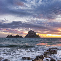 Buy canvas prints of Photography with Es Vedrá from Cala d'hort in a cloudy sunset in Ibiza by Vicen Photo