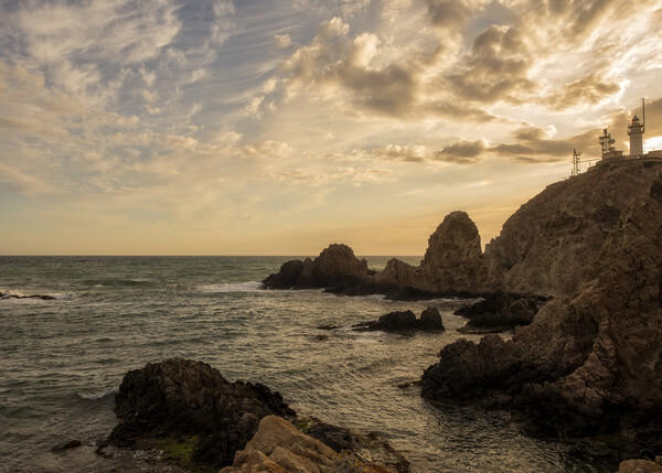 Photography with a golden sunset at the cabo de gata lighthouse Picture Board by Vicen Photo
