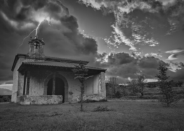 A lonely hermitage under a thunderstorm in black and white Picture Board by Vicen Photo