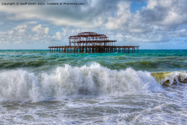 Brighton West Pier ruins with rough sea Picture Board by Geoff Smith