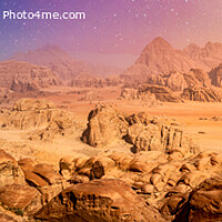 Buy canvas prints of Desert and rocks on extraterrestrial or alien planet in the universe with view on space and galaxy by Kristof Bellens