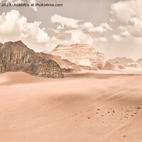 Buy canvas prints of Panorama of the Wadi Rum desert in Jordan with retro or vintage faded monochrome mood by Kristof Bellens