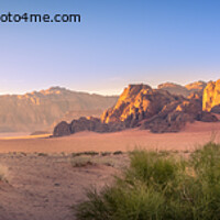 Buy canvas prints of Panorama landscape shot of Wadi Rum desert in Jordan during golden hour by Kristof Bellens