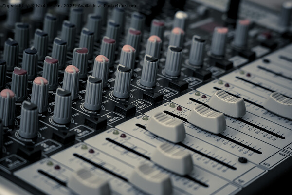 Closeup and detail of audio mixing console with faders and knobs Picture Board by Kristof Bellens