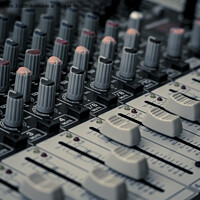 Buy canvas prints of Closeup and detail of audio mixing console with faders and knobs by Kristof Bellens