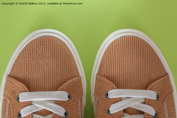Beige corduroy sneakers on a green background Picture Board by Kristof Bellens