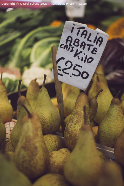 Italian Abate pears with price tag for sale in a market stall. Picture Board by Kristof Bellens
