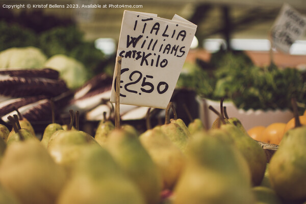 Italian Williams pears with price tag for sale in a market stall. Picture Board by Kristof Bellens
