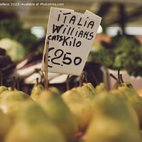Buy canvas prints of Italian Williams pears with price tag for sale in a market stall. by Kristof Bellens