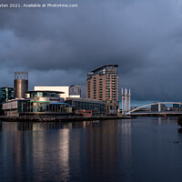 Buy canvas prints of The Lowry theatre at sunset, Salford Quays by Vicky Outen