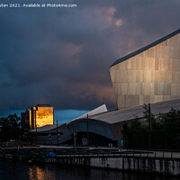 Buy canvas prints of Imperial War Museum at sunset, Salford Quays by Vicky Outen