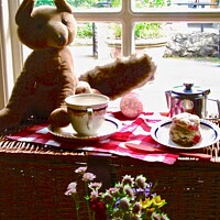 Buy canvas prints of Window with toy and flowers by Stephanie Moore