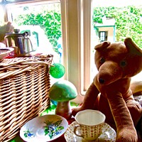 Buy canvas prints of Window with toy and cup and saucers by Stephanie Moore