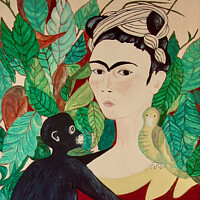 Buy canvas prints of Frida with Monkey and Bird by Stephanie Moore