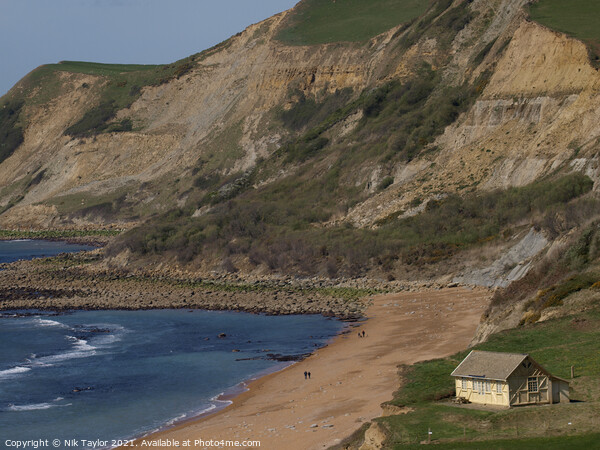 Yellow hut on Eype Beach Picture Board by Nik Taylor