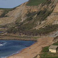 Buy canvas prints of Yellow hut on Eype Beach by Nik Taylor