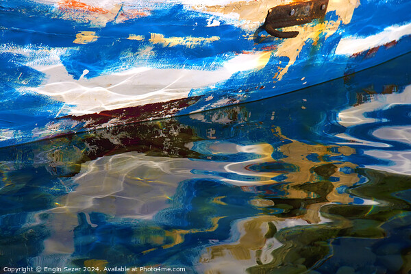 Abstract reflections of an old colorful wooden fishing boat on sea surface Picture Board by Engin Sezer