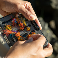 Buy canvas prints of A close up of an asian female selecting salmon fly fishing flies from a box by SnapT Photography