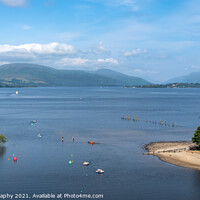 Buy canvas prints of View over Loch Lomond from Lomond shores on a sunny summer day in Scotland by SnapT Photography