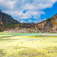 Buy canvas prints of The yellow sulphur deposits and blue lake of Kawah Putih, Indonesia by SnapT Photography