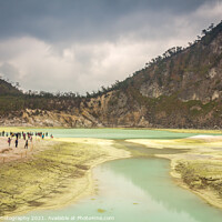Buy canvas prints of Tourists at the volcanic sulphur crater lake of Kawah Putih, Indonesia by SnapT Photography