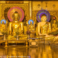 Buy canvas prints of A room of golden Buddhas at the Shwedagon Pagoda, Yangon, Myanmar by SnapT Photography