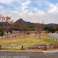 Buy canvas prints of A park in the grounds of Gyeongbokgung Palace and Inwangsan Mountain by SnapT Photography