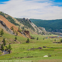 Buy canvas prints of A view down a river valley, with the town of Altraga in the distance, Mongolia by SnapT Photography