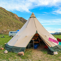 Buy canvas prints of The camp cooking tent in Mongolia at sunset by SnapT Photography