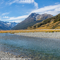 Buy canvas prints of A shallow, fast flowing river, in the mountains of New Zealand on a sunny day by SnapT Photography