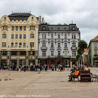 Buy canvas prints of The Main Square in Bratislava next to Maximilin's fountain, old town, Slovakia by SnapT Photography