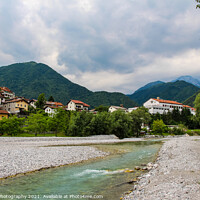 Buy canvas prints of Low flows on the Tolminka River at Tolmin, with gravel bars exposed, Slovenia by SnapT Photography