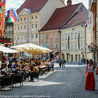 Buy canvas prints of Sokol Bar and restaurant on Ciril-Metodov Trg street, Ljubljana, Slovenia by SnapT Photography