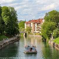 Buy canvas prints of A tourist boat travelling along the Ljublijanica River in afternoon in Ljubljana by SnapT Photography