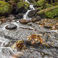 Buy canvas prints of Lumsdale Falls in Autumn by Jim Monk