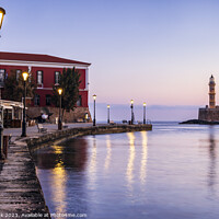 Buy canvas prints of The old venetian harbour of Chania at sunrise by Jim Monk