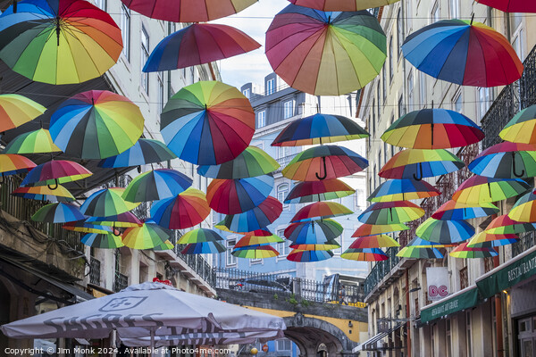 Colourful Umbrella Street in Lisbon Picture Board by Jim Monk