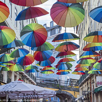 Buy canvas prints of Colourful Umbrella Street in Lisbon by Jim Monk