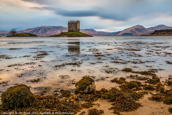 Twilight at Castle Stalker, Loch Laich Picture Board by Jim Monk