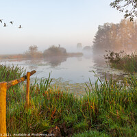 Buy canvas prints of Misty Morning, Cossington Lakes by Jim Monk