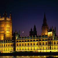 Buy canvas prints of Houses of Parliament and cresecent moon at dusk, Westminster, London by Geraint Tellem ARPS