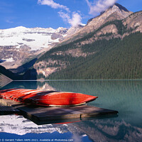 Buy canvas prints of Canoes, Lake Louise, Rocky Mountains, Alberta, Canada by Geraint Tellem ARPS