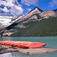 Buy canvas prints of Canoes, Lake Louise, Rocky Mountains Alberta, Canada by Geraint Tellem ARPS