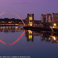 Buy canvas prints of Gateshead Millennium Bridge and Sage reflected in River Tyne, Newcastle UK reflection river, water lights  dusk evening by Geraint Tellem ARPS